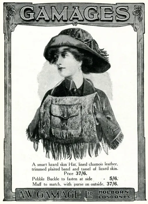 Framed Print : Advert for Gamages lizard skin accessories 1909 Framed Print : Advert for Gamages lizard skin accessories 1909