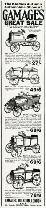 Framed Print : Advert for Gamages model pedal cars 1925 Framed Print : Advert for Gamages model pedal cars 1925