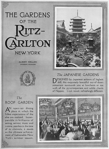 Advert for the Gardens of the Ritz-Carlton Hotel, New York