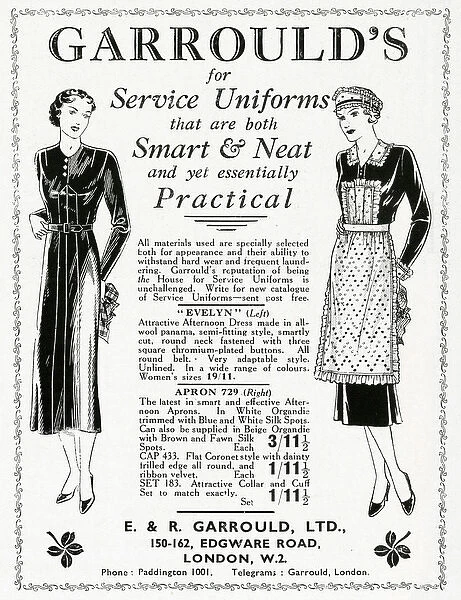 Advert for Garroulds uniforms for maids 1937