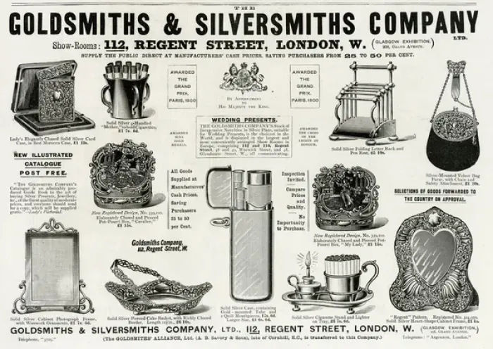Framed Print : Advert for Goldsmiths & Silversmiths Edwardian items 1901 Framed Print : Advert for Goldsmiths & Silversmiths Edwardian items 1901