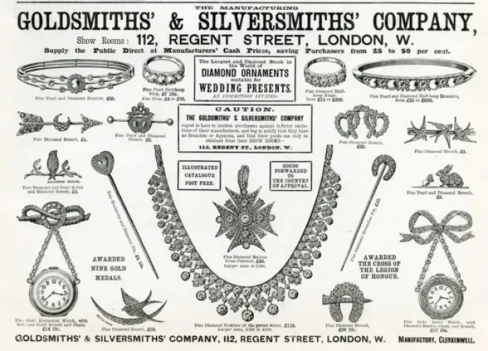 Framed Print : Advert for Goldsmiths & Silversmiths jewellery 1893 Framed Print : Advert for Goldsmiths & Silversmiths jewellery 1893