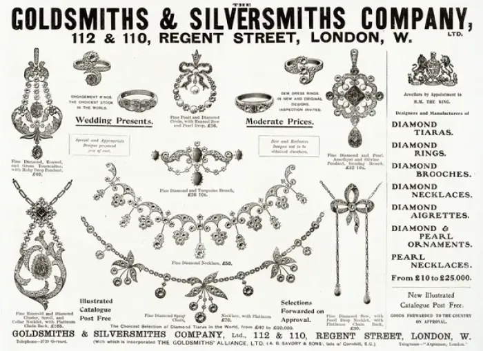 Framed Print : Advert for Goldsmiths & Silversmiths jewellery 1904 Framed Print : Advert for Goldsmiths & Silversmiths jewellery 1904