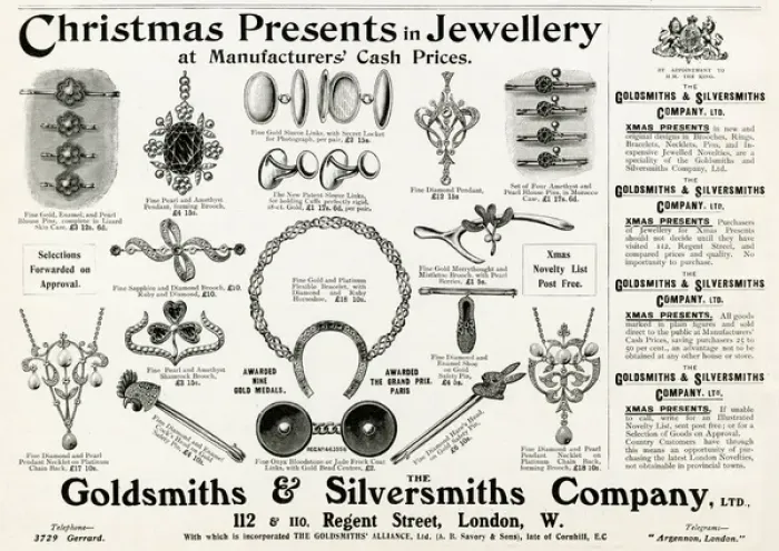 Framed Print : Advert for Goldsmiths & Silversmiths jewellery 1905