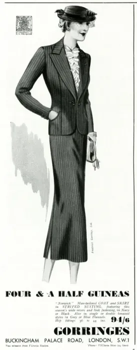 Framed Print : Advert for Gorringes womens taiored striped suit 1937 Framed Print : Advert for Gorringes womens taiored striped suit 1937