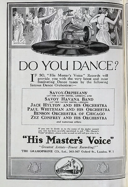 Advertisement for the Gramophone Company Limited. Showing couples dancing, with Gramophone record, stylus and tone arm in the foreground, along with a list of recordings available
