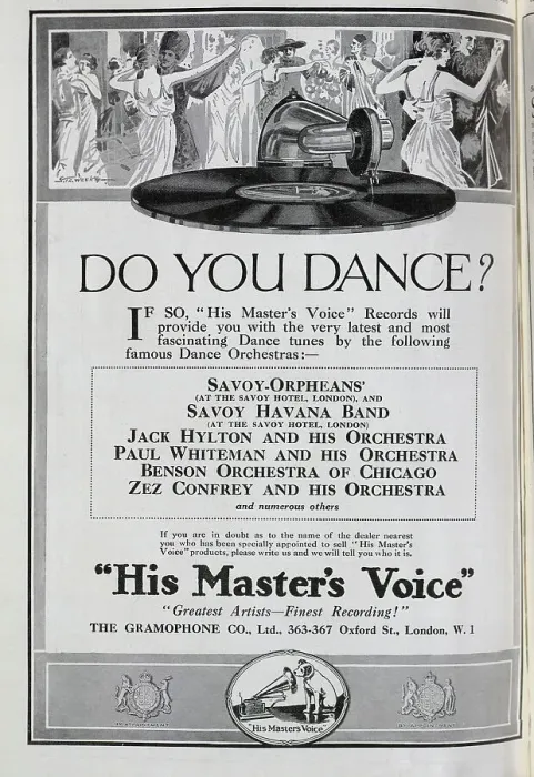 Framed Print : Advertisement for the Gramophone Company Limited. Showing couples dancing, with Gramophone record, stylus and tone arm in the foreground, along with a list of recordings available Framed Print : Advertisement for the Gramophone Company Limited. Showing couples dancing, with Gramophone record, stylus and tone arm in the foreground, along with a list of recordings available