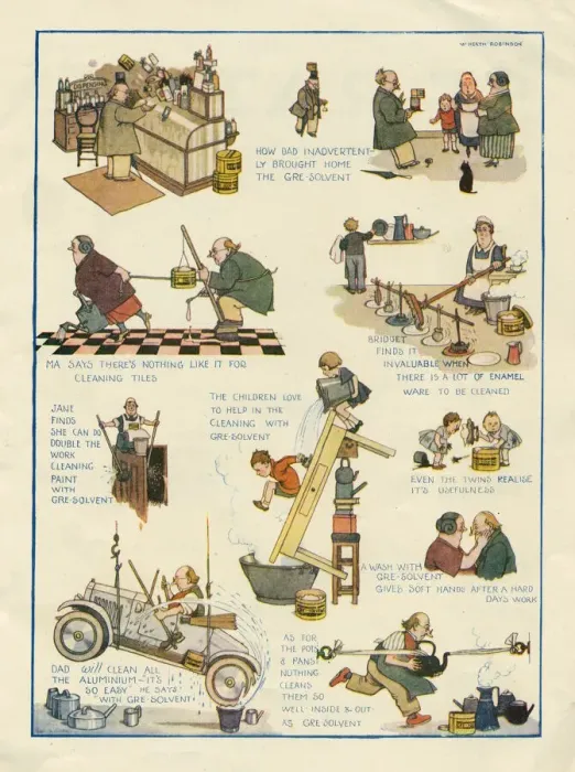 Framed Print : Advertisement for Gre-Solvent cleaning fluid by the inimitable William Heath Robinson Framed Print : Advertisement for Gre-Solvent cleaning fluid by the inimitable William Heath Robinson