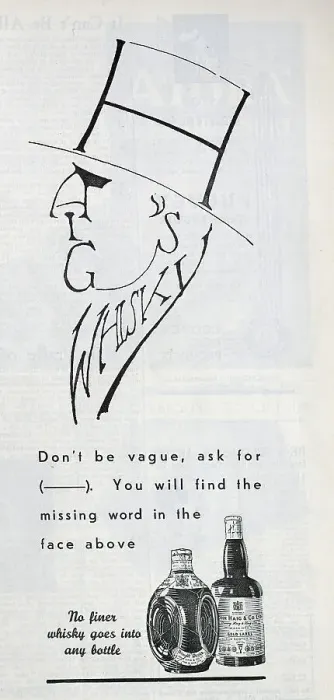 Framed Print : Advert for Haig Whisky. The Haig brand name is disguised in the profile of the gentleman. Date: circa 1932 Framed Print : Advert for Haig Whisky. The Haig brand name is disguised in the profile of the gentleman. Date: circa 1932