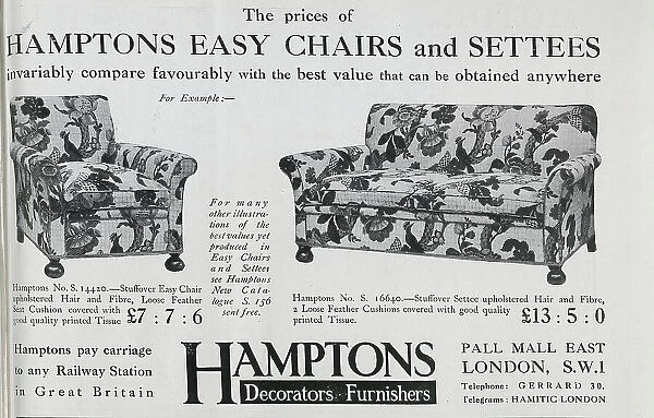 Advertisement for Hamptons Furniture, showing Hamptons Easy Chairs and Settees in floral fabric. Established in 1830, and expanded in the 1890s, Hamptons undertook restoration work on Richmond Council Chamber