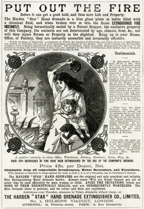 Framed Print : Advert for Harden hand granade fire extinguisher 1886 Framed Print : Advert for Harden hand granade fire extinguisher 1886