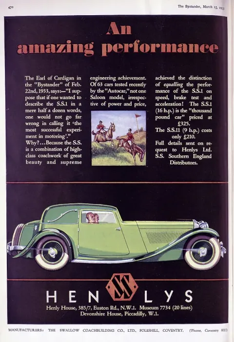 Framed Print : Advertisement for Henly SSI and SSII cars, by The Swallow Coachbuilding Company Ltd. Captioned, An Amazing Performance'. With description and recommendation by the Earl of Cardigan, illustrations of two horse riders at a point to point