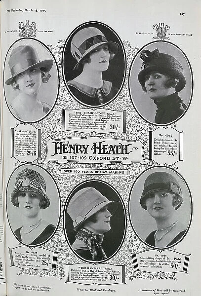 Advertisement for Henry Heath Hats. Captioned, Over 100 years of hat making'. Showing models wearing six hat designs, including, Sans Souci, The Champignon, and The Rambler