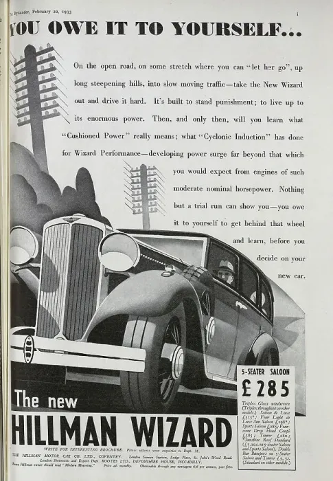 Framed Print : Advertisement for Hillman Wizard car. Captioned, You owe it to yourself, with a description of the benefits of the car. With Art Deco style illustration of the car and man driving. Hillman Wizard was produced between 1931 and 1933 Framed Print : Advertisement for Hillman Wizard car. Captioned, You owe it to yourself, with a description of the benefits of the car. With Art Deco style illustration of the car and man driving. Hillman Wizard was produced between 1931 and 1933