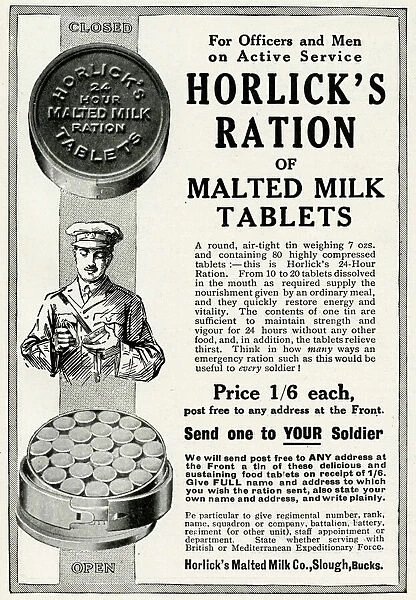 Advert for Horlicks ration of malted milk tablets 1916