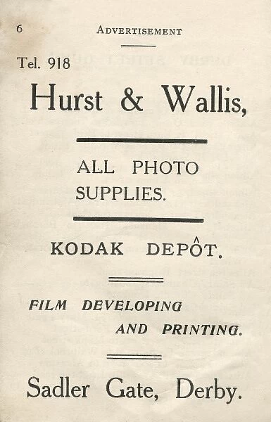 Advertisement for Hurst & Wallis, photo supplies, Derby