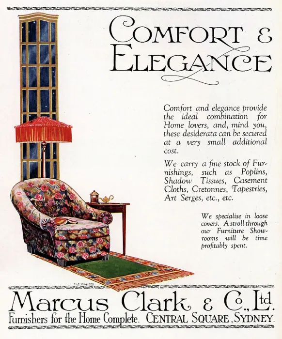 Framed Print : An advertisement illustration for Marcus Clark & Co. Ltd. promoting their stock of fine furnishings for the home that speak of comfort and elegance. The image shows a floral designed arm chair, with standard lamp and side table. Date: circa 1921 Framed Print : An advertisement illustration for Marcus Clark & Co. Ltd. promoting their stock of fine furnishings for the home that speak of comfort and elegance. The image shows a floral designed arm chair, with standard lamp and side table. Date: circa 1921