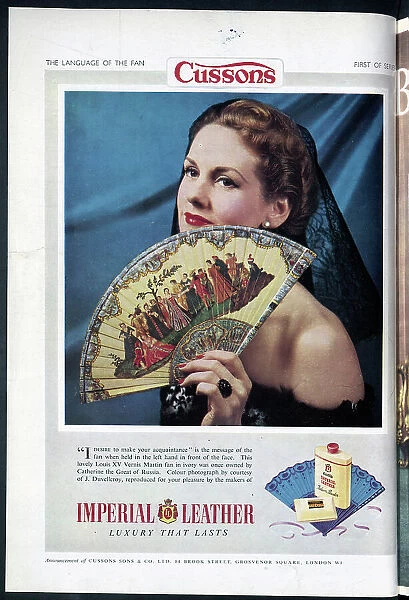 Advert for Imperial Leather Soap, featuring a Louis XV Vernis Martin fan once owned by Catherine the Great. Date: 1954