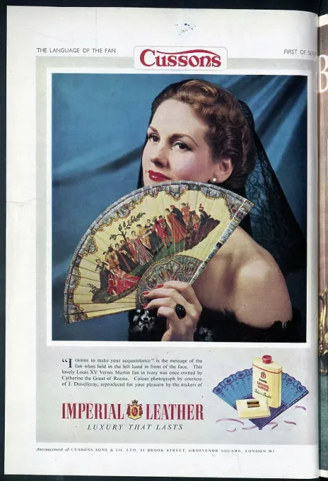 Framed Print : Advert for Imperial Leather Soap, featuring a Louis XV Vernis Martin fan once owned by Catherine the Great. Date: 1954 Framed Print : Advert for Imperial Leather Soap, featuring a Louis XV Vernis Martin fan once owned by Catherine the Great. Date: 1954