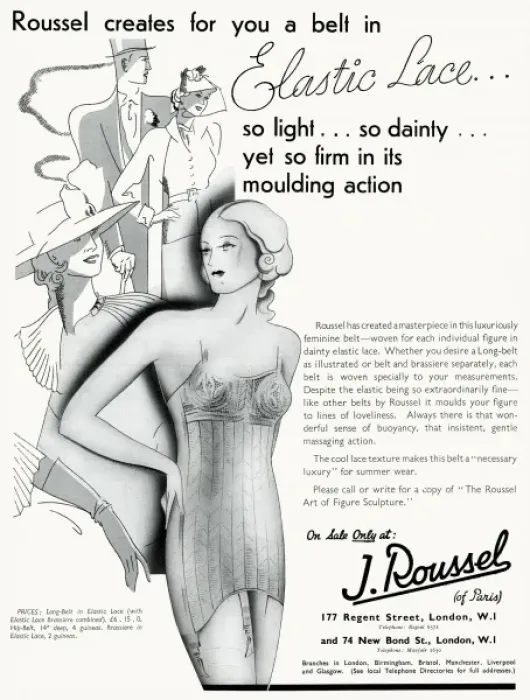 Framed Print : Advert for J. Roussel lingerie with elastic lace belt 1936 Framed Print : Advert for J. Roussel lingerie with elastic lace belt 1936