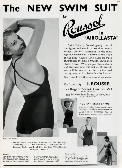 Framed Print : Advert for J. Roussel swim suits for men & women 1935 Framed Print : Advert for J. Roussel swim suits for men & women 1935