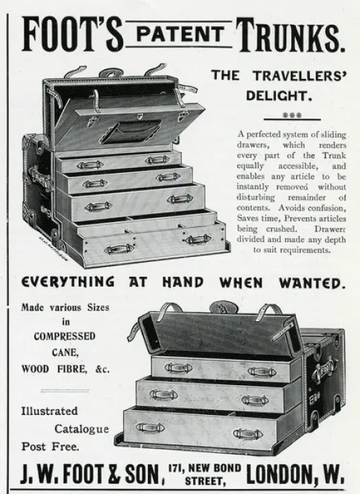 Framed Print : Advert for J. W Foots - Son patent trunks 1898 Framed Print : Advert for J. W Foots - Son patent trunks 1898