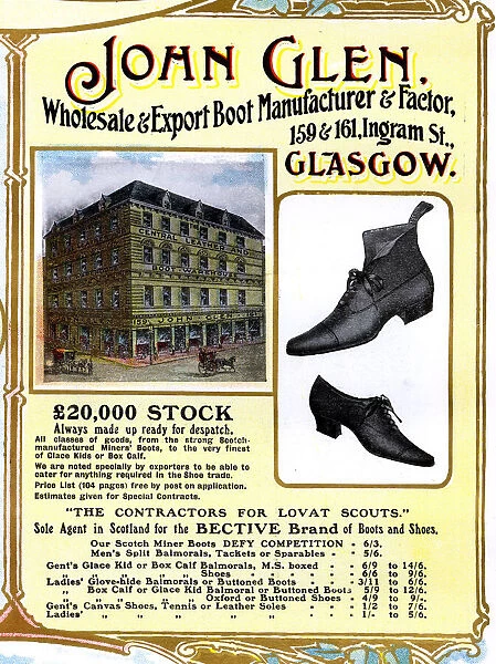 Advert, John Glen, Shoe and Boot Manufacturers, Glasgow