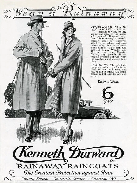 Advert for Kenneth Durward raincoats 1928