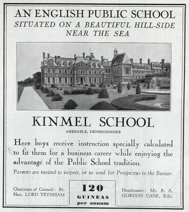 Framed Print : Advert for Kinmel School, a boys public school in Denbighshire, aimed at preparing pupils for a career in business. Post-war, it became the site of the Clarendon School for Girls. Date: 1932 Framed Print : Advert for Kinmel School, a boys public school in Denbighshire, aimed at preparing pupils for a career in business. Post-war, it became the site of the Clarendon School for Girls. Date: 1932