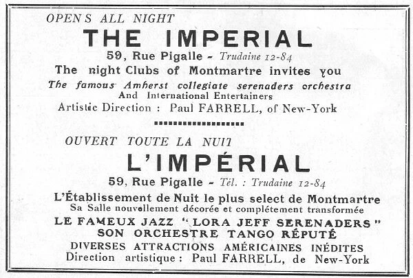 Advert for L Imperial nightclub, 59 Rue Pigalle, Montmartre Date: 1920s