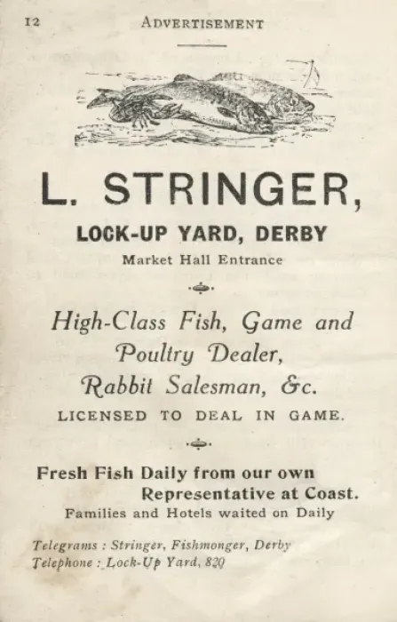 Framed Print : Advertisement for L Stringer, fish, game and poultry dealer Framed Print : Advertisement for L Stringer, fish, game and poultry dealer