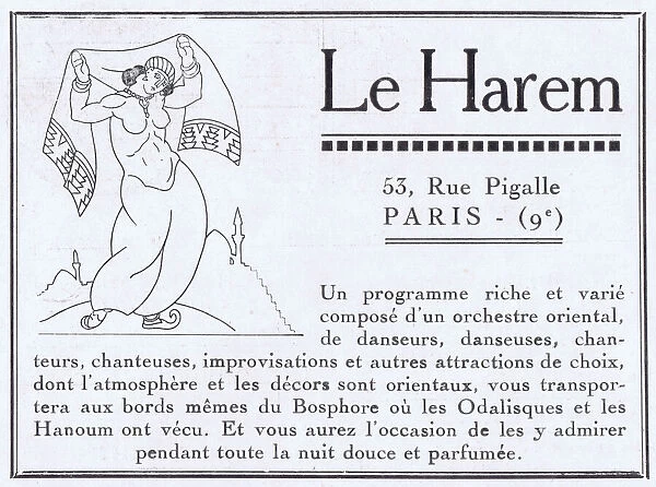 Advert for Le Harem, 53 Rue Pigalle, Montmartre Date: 1920s