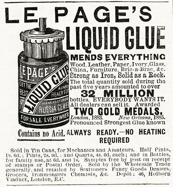 Advert for Le Pages liquid glue 1884