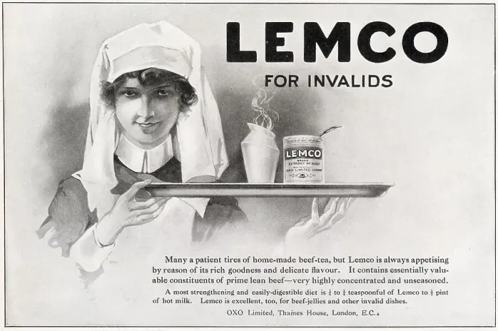 Framed Print : Advertisement for Lemco, highly concentrated and unseasoned prime lean beef served with hot milk. Date: 1922 Framed Print : Advertisement for Lemco, highly concentrated and unseasoned prime lean beef served with hot milk. Date: 1922