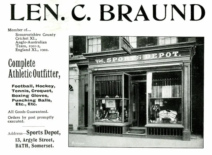 Framed Print : Advert for Len C. Braund, Sports Outfitter, Bath