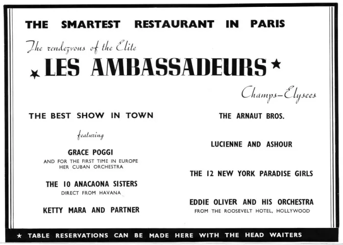 Framed Print : Advert for Les Ambassadeurs floor show, Paris (1938) with Grace Poggi Framed Print : Advert for Les Ambassadeurs floor show, Paris (1938) with Grace Poggi