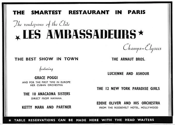 Advert for Les Ambassadeurs floor show, Paris (1938) with Grace Poggi