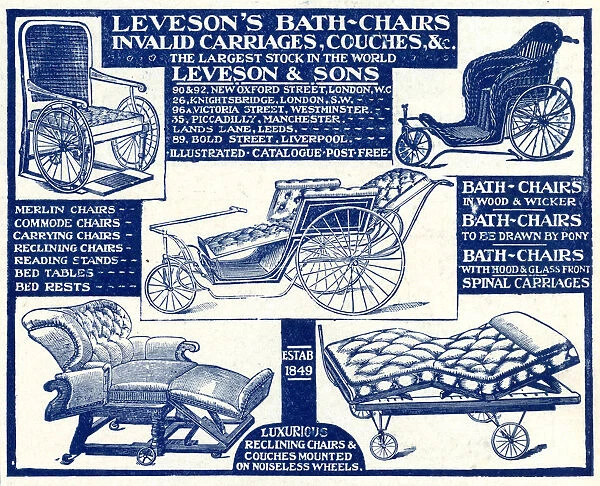 Advert for Levesons invalid & bath chairs 1908 Advert for Levesons invalid & bath