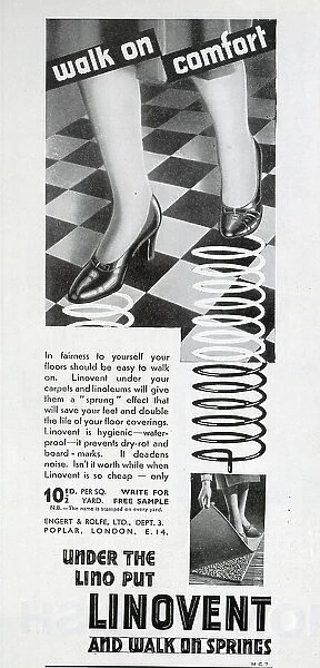Advert for Linovent, which could be laid under carpets and linoleum to create extra spring and deaden noise. Date: 1932