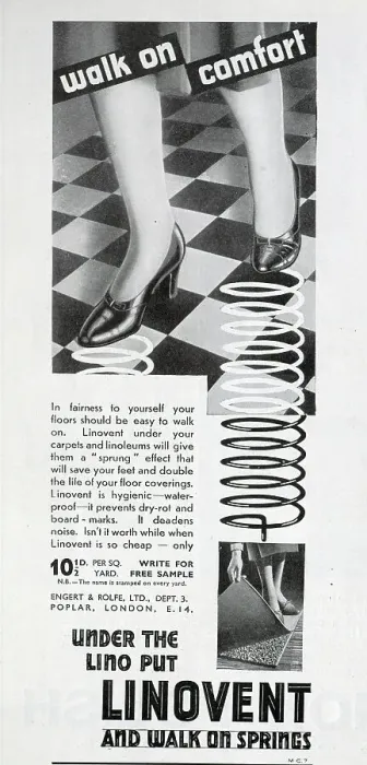Framed Print : Advert for Linovent, which could be laid under carpets and linoleum to create extra spring and deaden noise. Date: 1932 Framed Print : Advert for Linovent, which could be laid under carpets and linoleum to create extra spring and deaden noise. Date: 1932