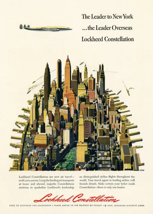 Framed Print : Advertisment for the Lockheed Constellation - The Leader to New York