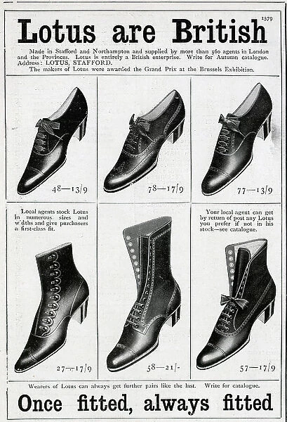 Advertisement for Lotus Shoes, captioned Lotus are British'. With Illustrations of women's shoes and boots, description of quality and how to order