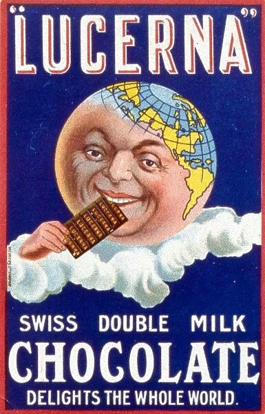 LUCERNA SWISS MILK CHOCOLATE DELIGHTS THE WHOLE WORLD GLOBE VINTAGE POSTER REPRO
