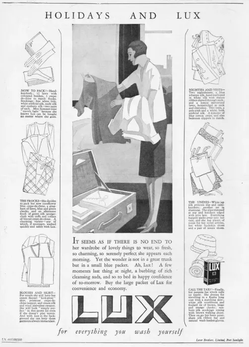 Framed Print : Advert for Lux, soap powder, with hints for holiday Framed Print : Advert for Lux, soap powder, with hints for holiday
