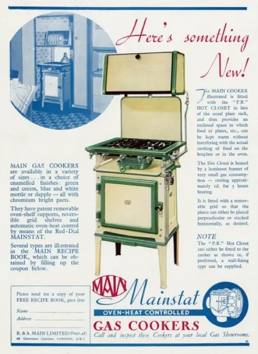 Framed Print : Advert for Main Mainstat gas cookers with hot plate 1938 Framed Print : Advert for Main Mainstat gas cookers with hot plate 1938