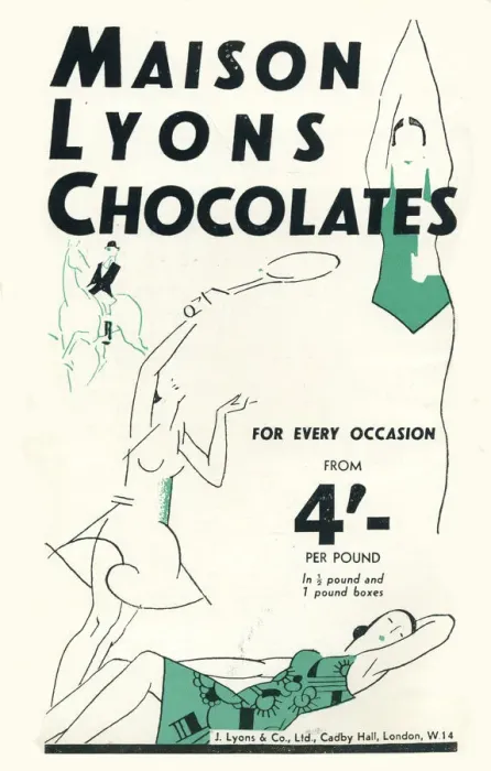 Framed Print : Advertisement for Maison Lyons chocolates showing art deco style figures indulging in Framed Print : Advertisement for Maison Lyons chocolates showing art deco style figures indulging in