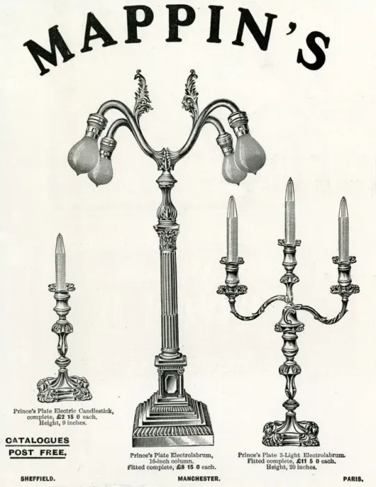 Framed Print : Advert for Mappin & Webb electic candelabras 1906 Framed Print : Advert for Mappin & Webb electic candelabras 1906