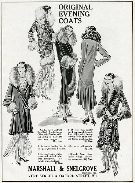 Advert for Marshall & Snelgrove evening coats 1929 Advert for Marshall & Snelgrove