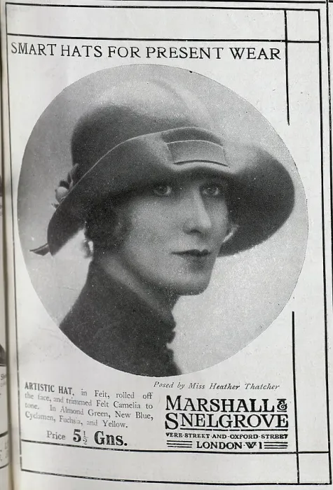 Framed Print : Advertisement for Marshall and Snelgrove hats. Captioned, Smart Hats for Present Wear'. Showing Artistic felt hat modelled by Miss Heather Thatcher, actress, (1896-1987) Framed Print : Advertisement for Marshall and Snelgrove hats. Captioned, Smart Hats for Present Wear'. Showing Artistic felt hat modelled by Miss Heather Thatcher, actress, (1896-1987)