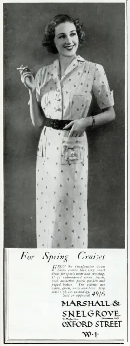 Framed Print : Advert for Marshall & Snelgrove spring cruises frock 1937 Framed Print : Advert for Marshall & Snelgrove spring cruises frock 1937